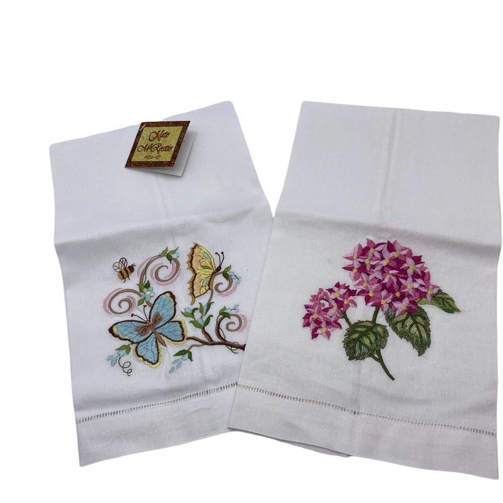 Kate McRostie cotton butterfly flroal embroidered tea towels white hydrangea new
